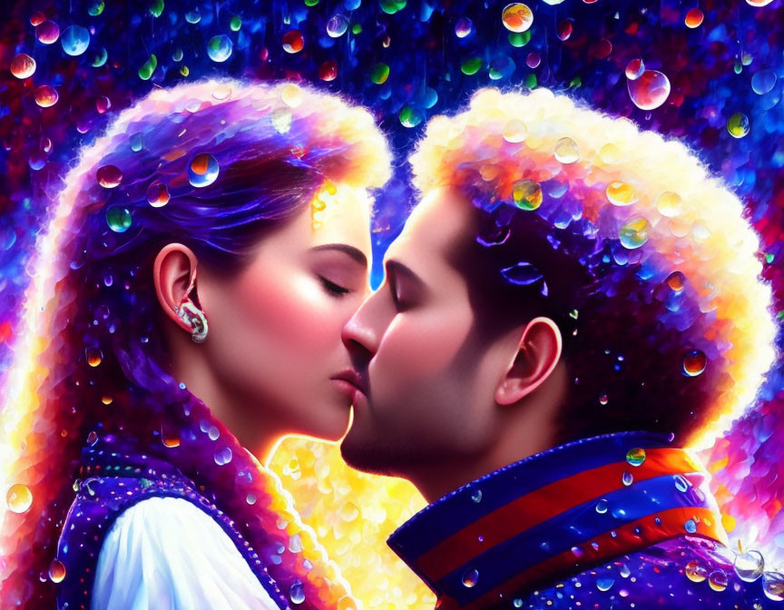 Vibrant digital artwork of couple in neon-colored bubbles