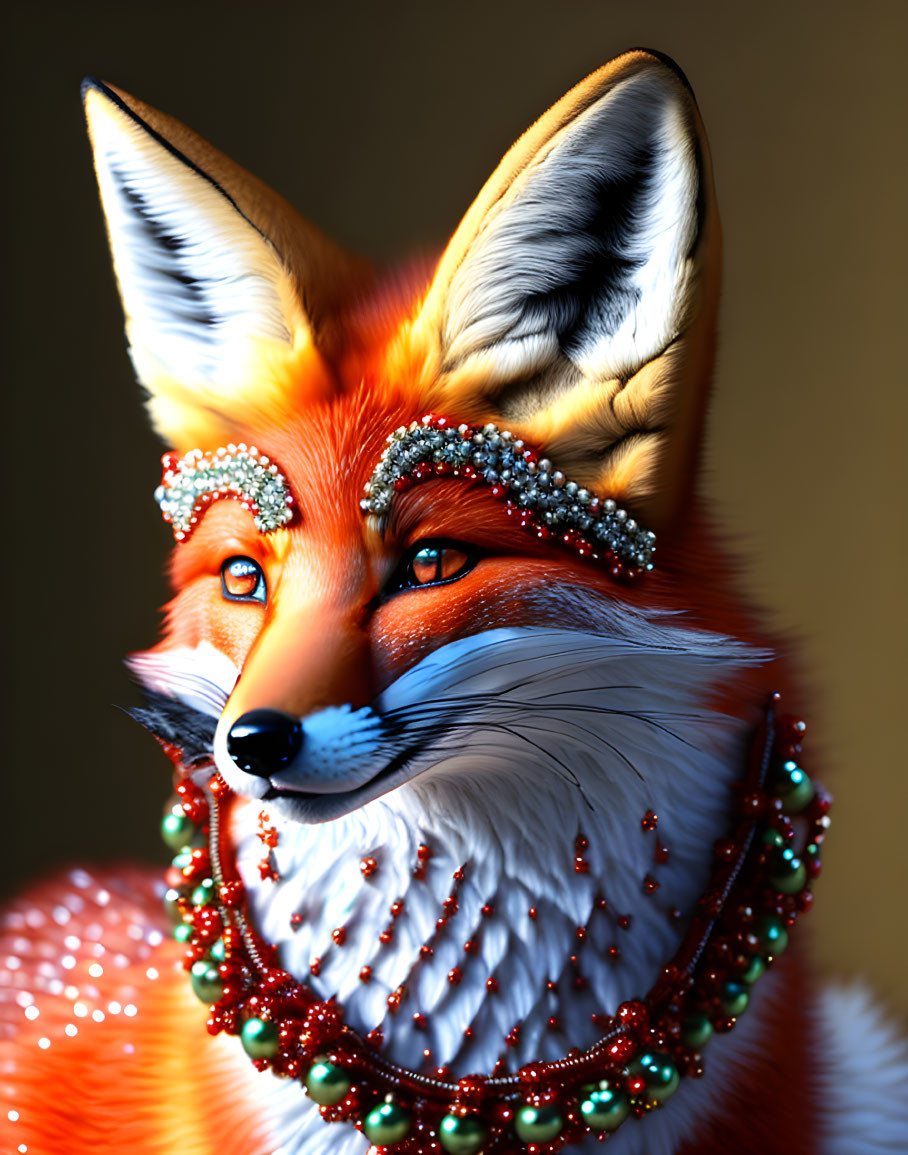 Majestic fox with intricate beading, vibrant orange fur