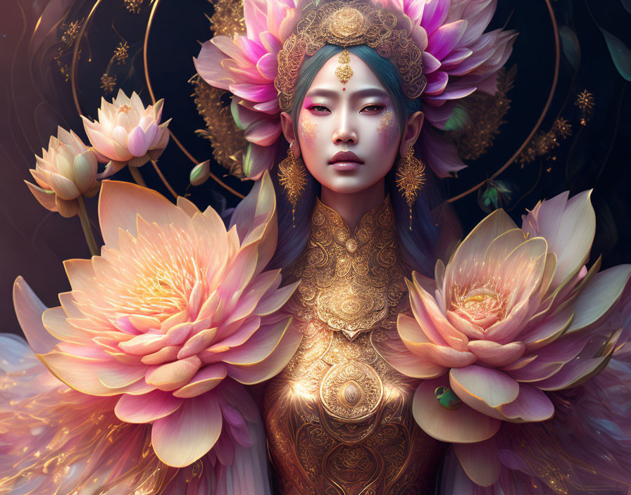 Ethereal figure in gold attire with lotus blossoms in serene setting