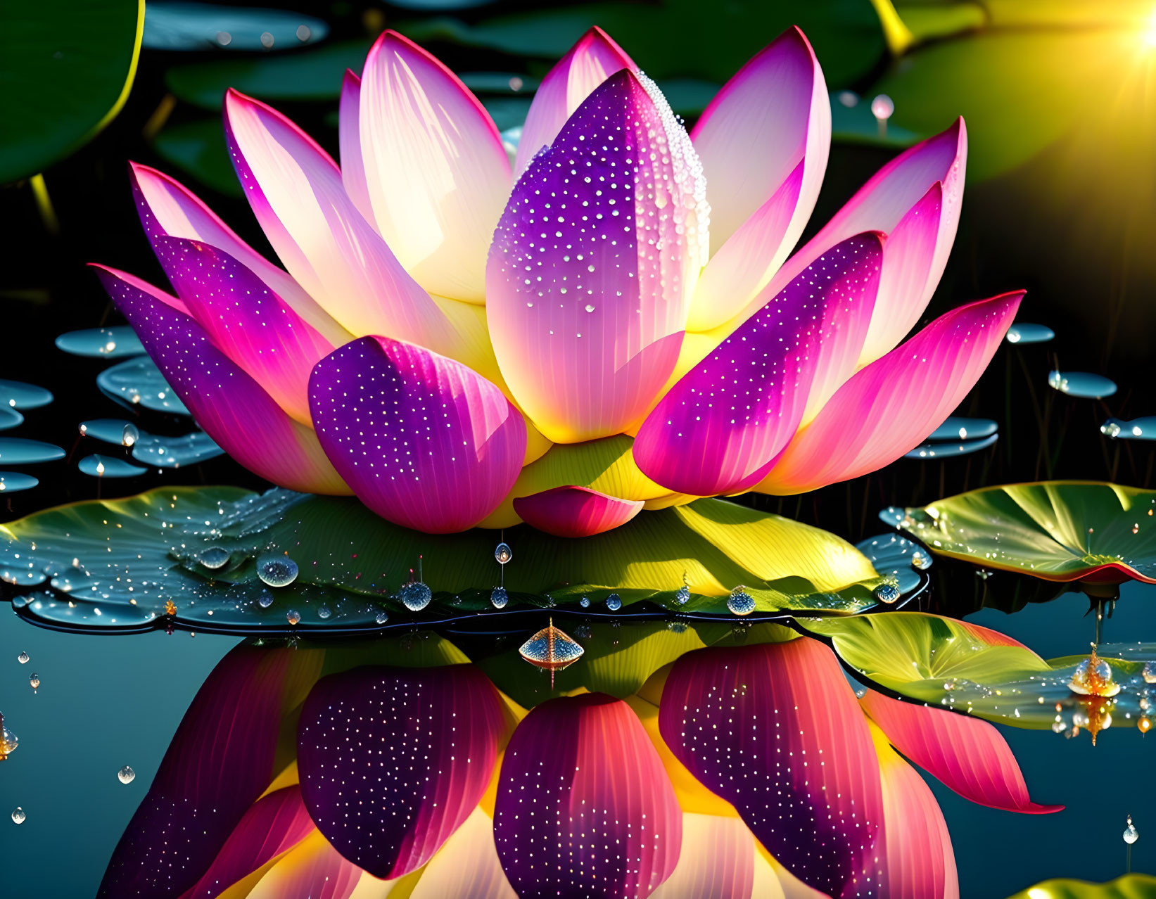 Vibrant digital artwork: Pink and white lotus flower with water droplets, reflected in serene