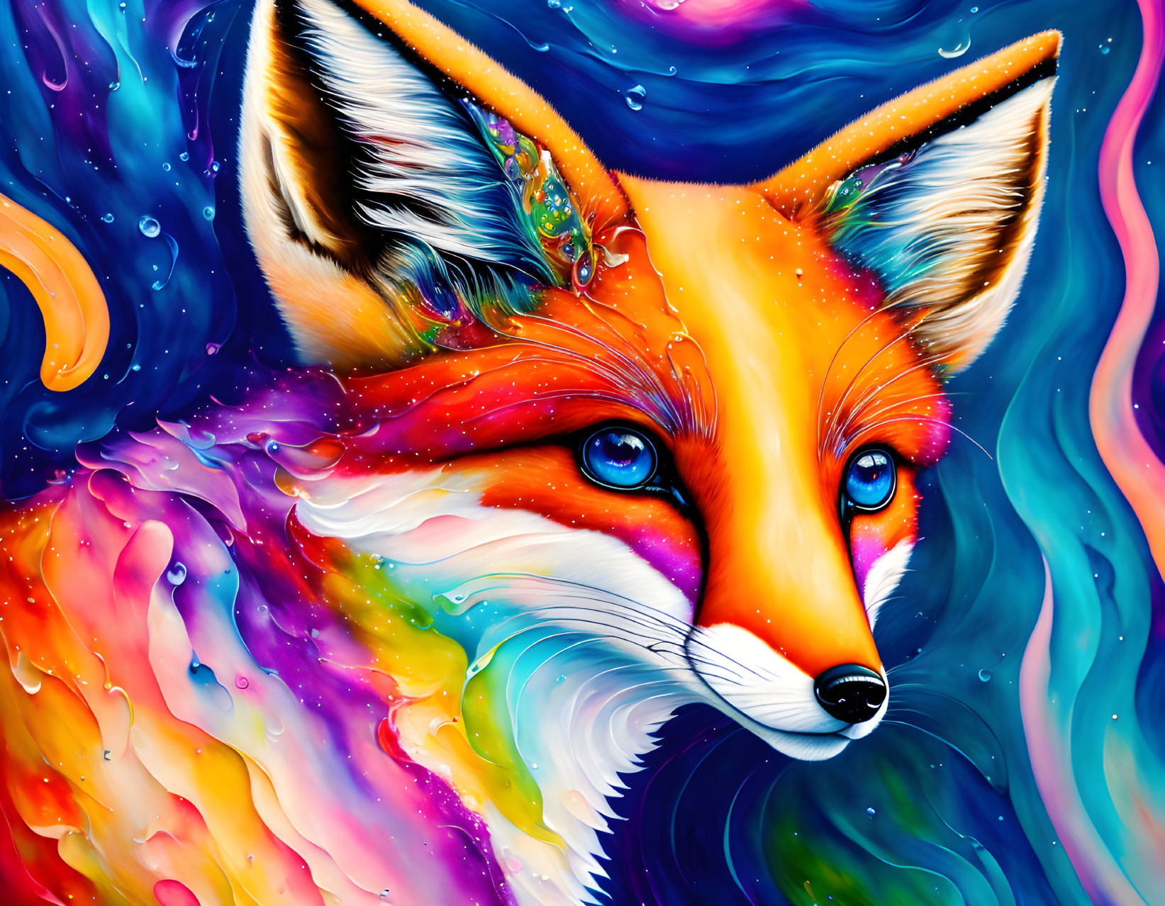 Colorful Fox Artwork with Bright Swirling Colors and Glossy Textures