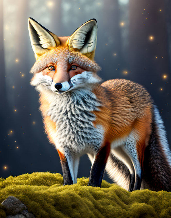 Realistic Red Fox in Mystical Forest with Sparkling Particles