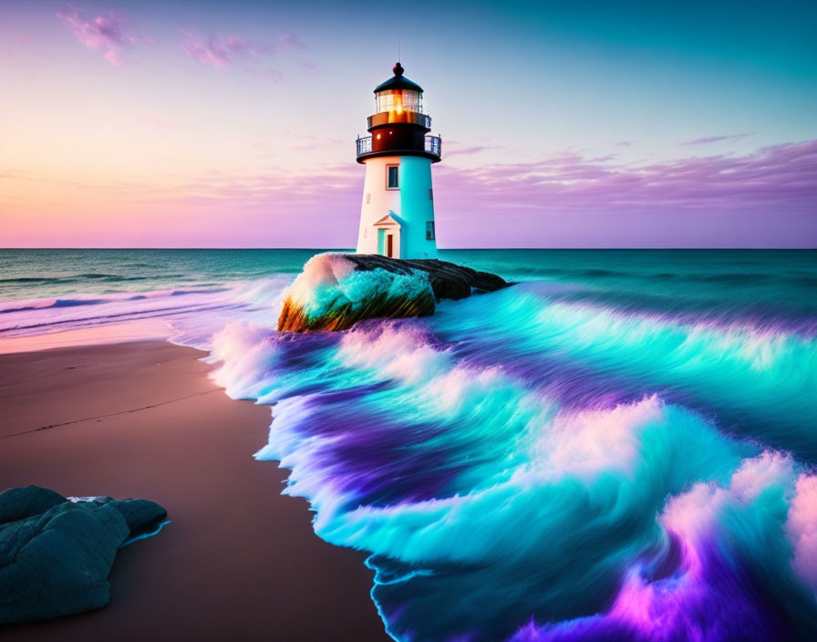 Picturesque lighthouse on rocky outcrop with crashing waves and twilight sky