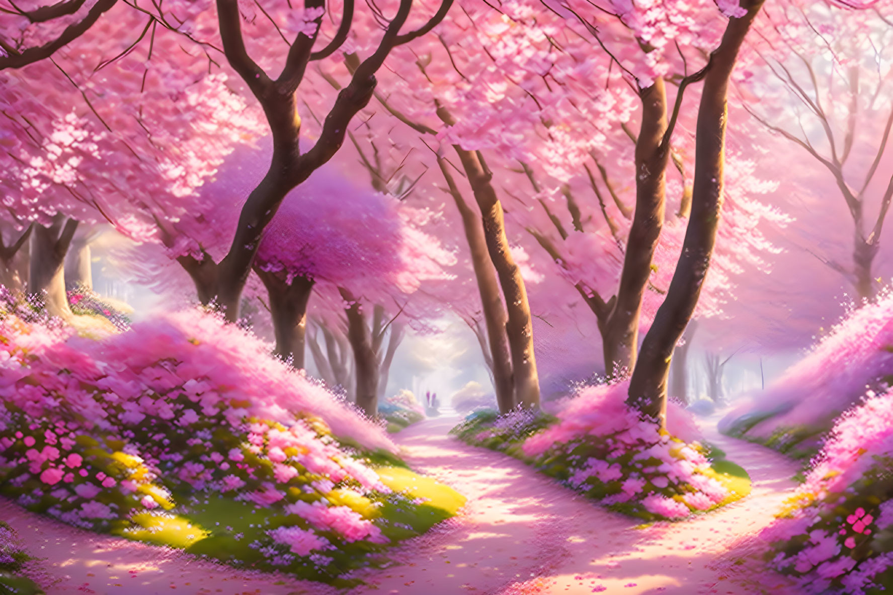 Tranquil Park Path with Pink Cherry Blossom Trees