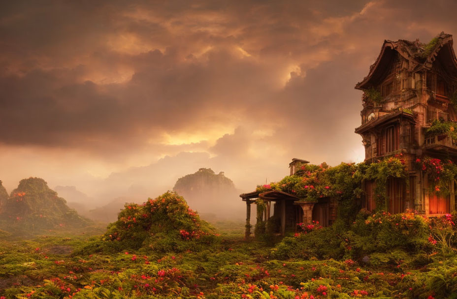 Abandoned house surrounded by foliage in misty landscape