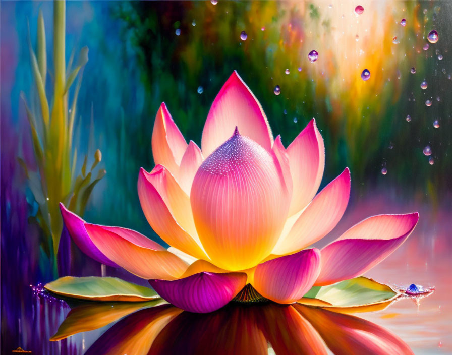 Colorful Lotus Flower Painting with Water Droplets on Multicolored Background