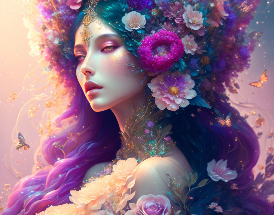 Woman with Multicolored Hair, Flowers, and Butterflies Illustration