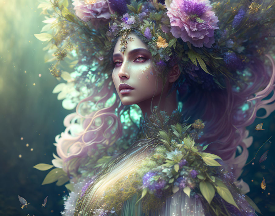 Ethereal woman with floral wreath in mystical setting