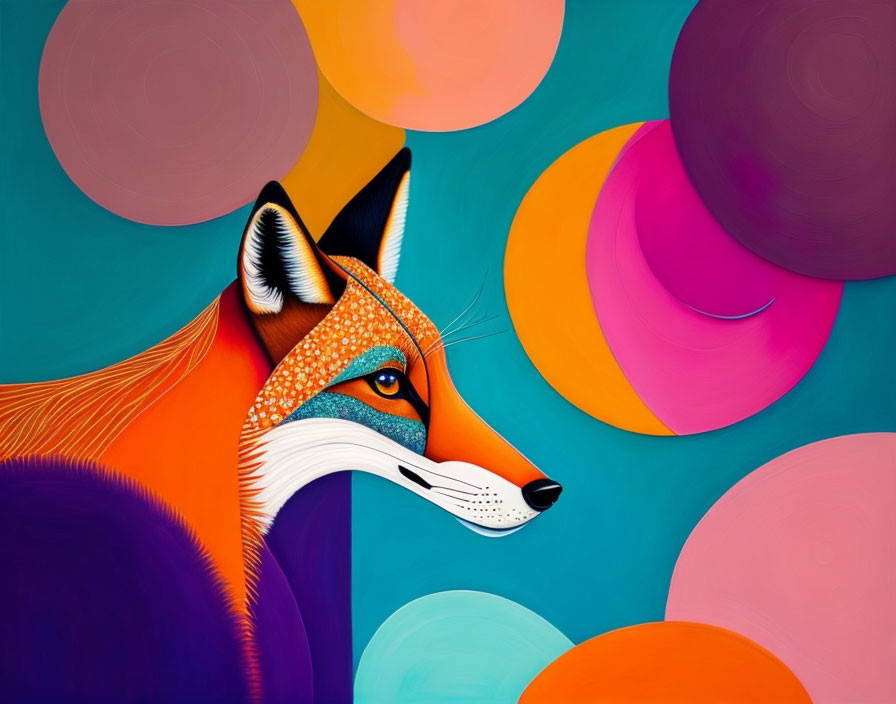 Colorful Stylized Fox Head Illustration with Overlapping Circles in Purple, Pink & Orange