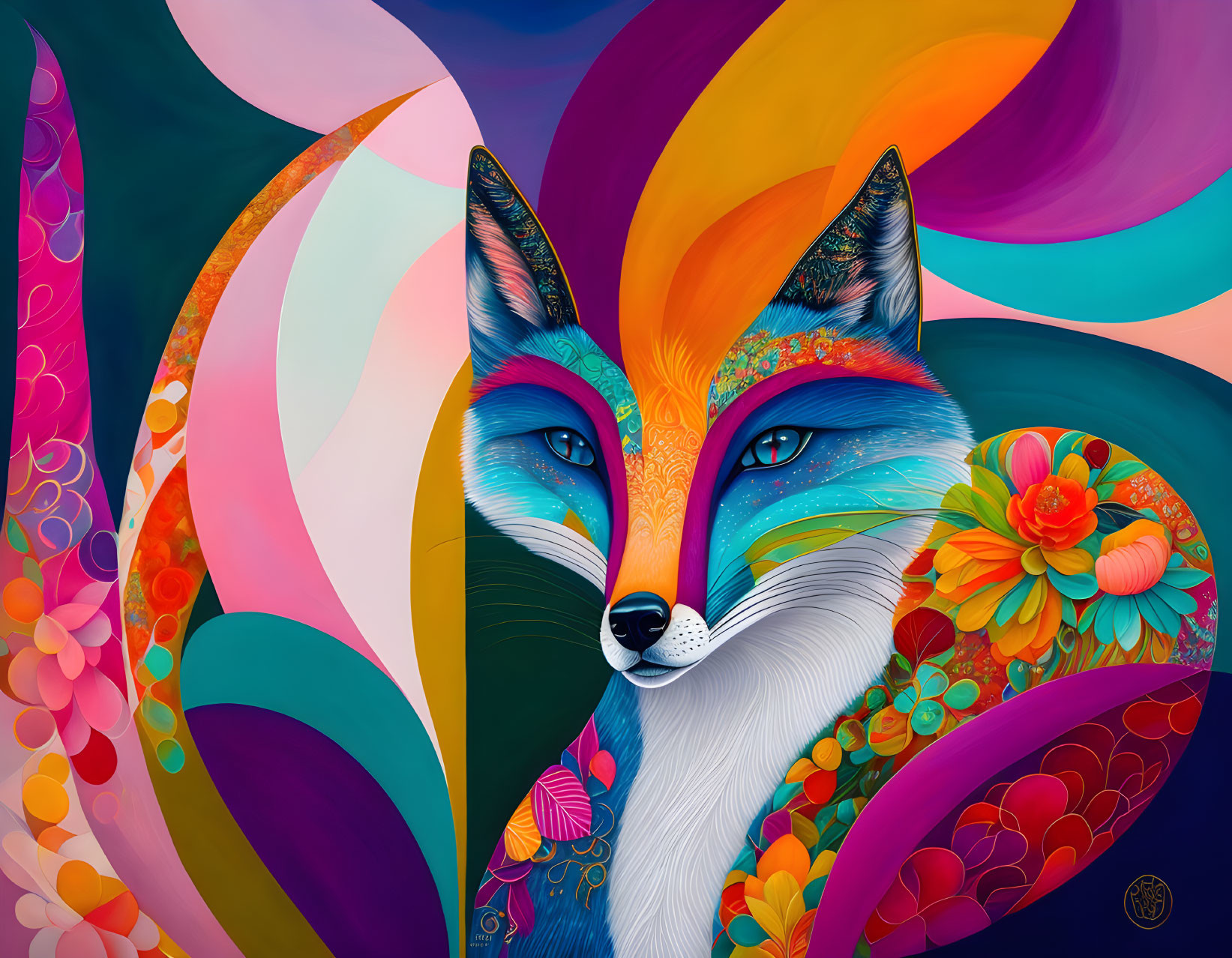 Colorful Stylized Fox Illustration with Swirling Patterns in Blues, Oranges, and Pur