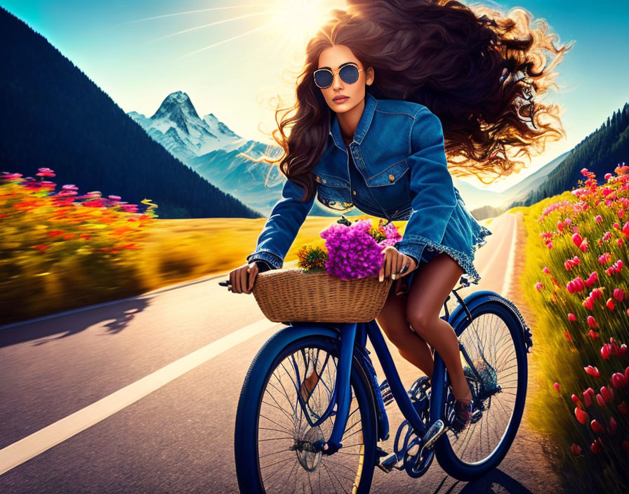 Woman in denim jacket rides bicycle on scenic road with colorful flowers and mountains.
