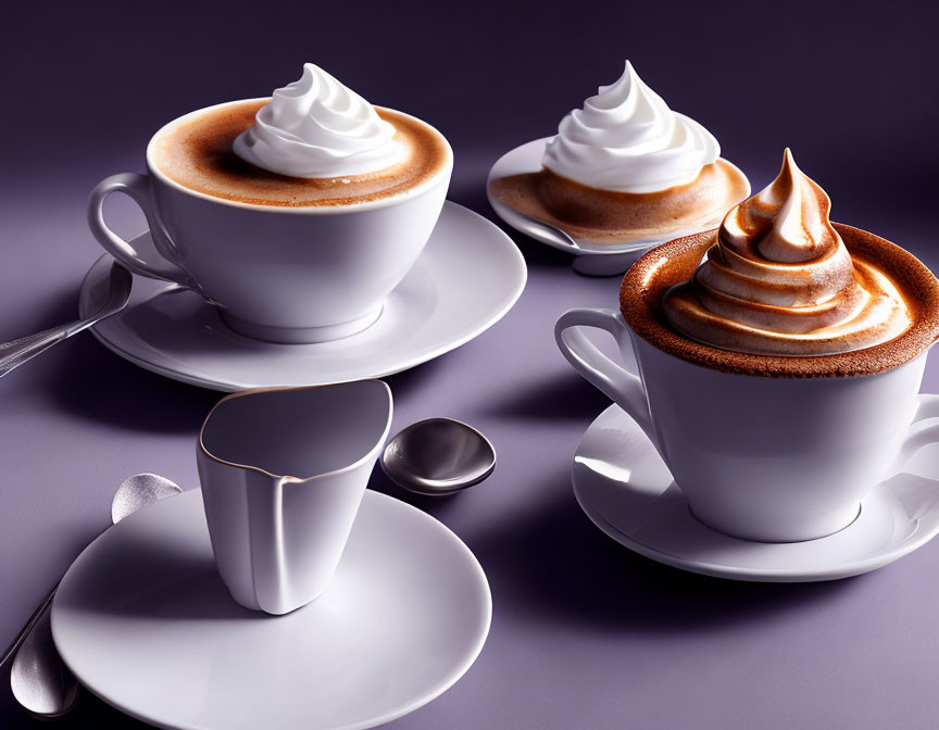 Arrangement of three coffee cups with whipped cream, creamer, and spoon on saucers on