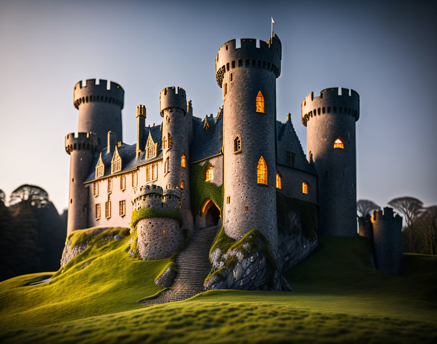 Stone castle with round towers against dusky sky on green landscape