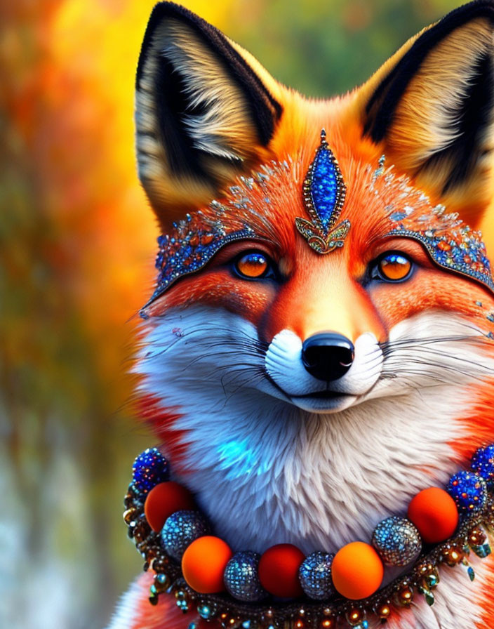 Detailed Illustration of Fox with Blue Bejeweled Headpiece in Autumn Scene