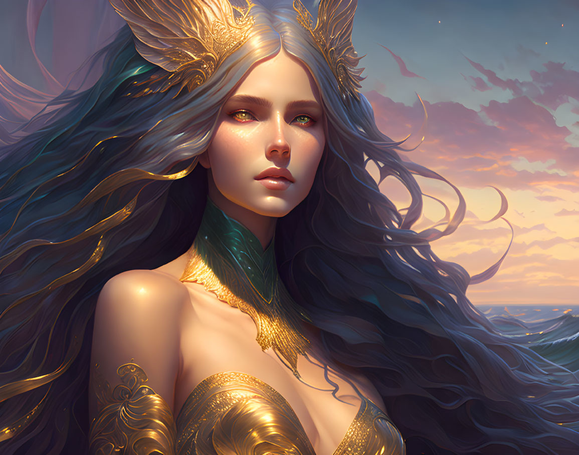 Fantastical portrait of a woman with flowing hair and golden accessories against a sea and sky backdrop.