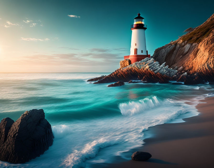 Tranquil sunset scene with lighthouse on rocky promontory