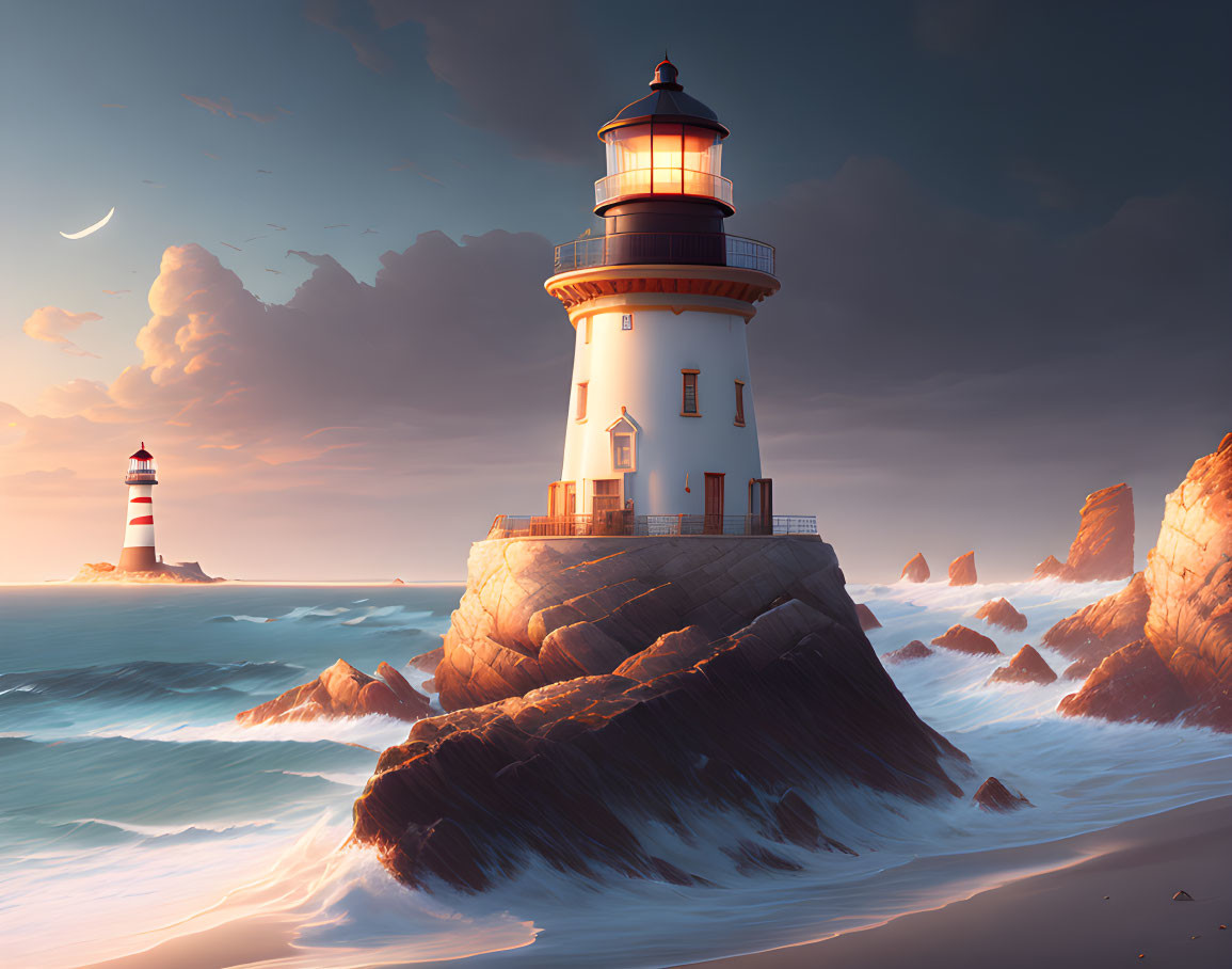 Seaside sunset with lighthouse on rocky cliffs