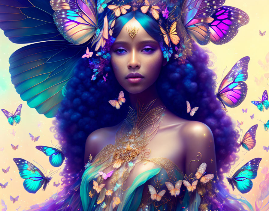 Woman with Butterfly Wings and Golden Accessories Surrounded by Butterflies on Colorful Background
