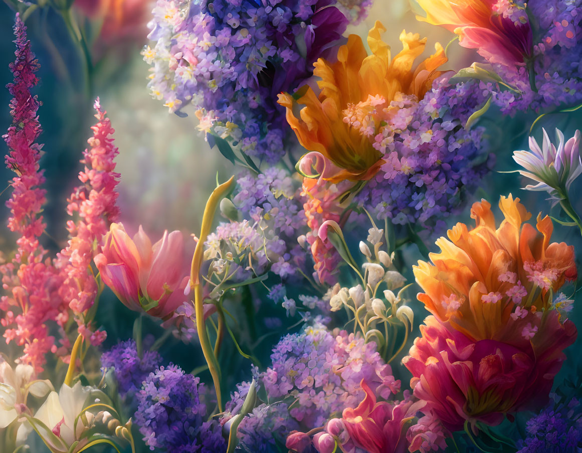 Purple and Orange Floral Scene with Soft Sunlight in Dreamy Garden