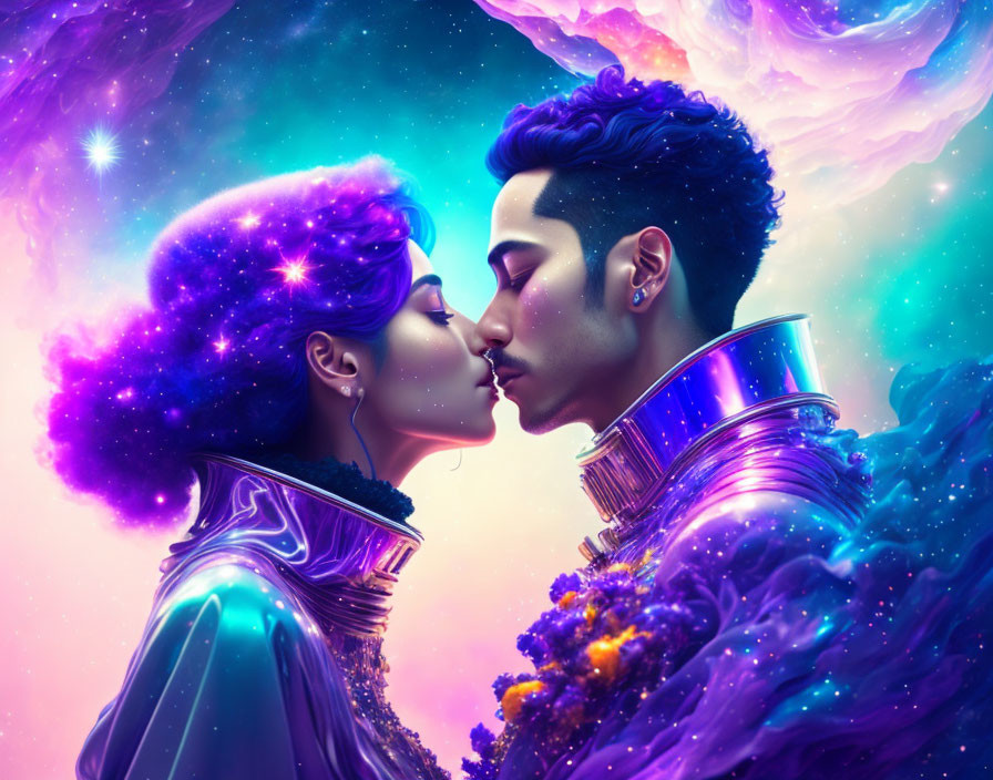 Stylized figures kissing in cosmic-themed setting