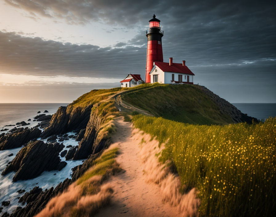 Scenic grassy hillside path to red and white lighthouse at sunset
