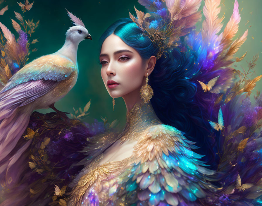Blue-haired woman with peacock feathers and golden accents next to peacock on floral backdrop