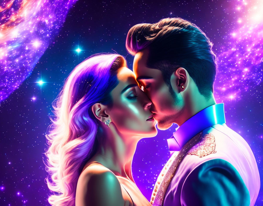 Stylized figures embracing in cosmic scene with vibrant nebula and stars