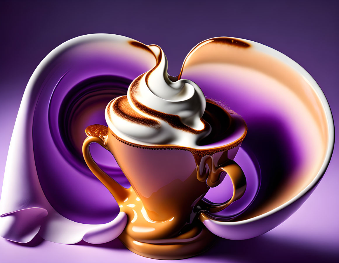 Whimsical melting chocolate cup with cream swirl on purple background