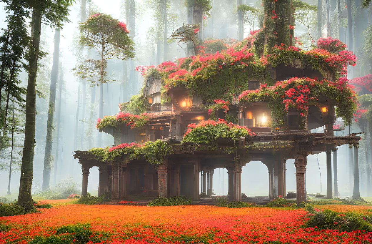 Enchanting treehouse in misty forest with red flowers
