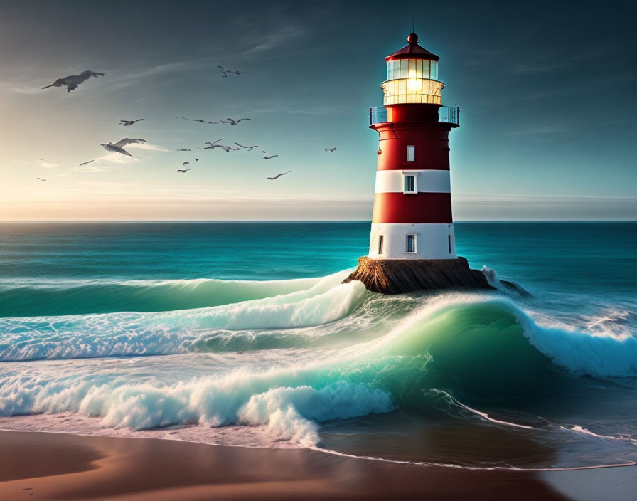 Red and white striped lighthouse by shore with crashing waves and flying birds