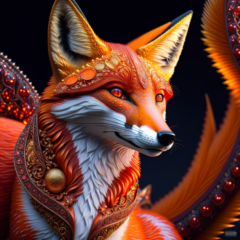 Stylized fox digital art in golden-red armor on dark background