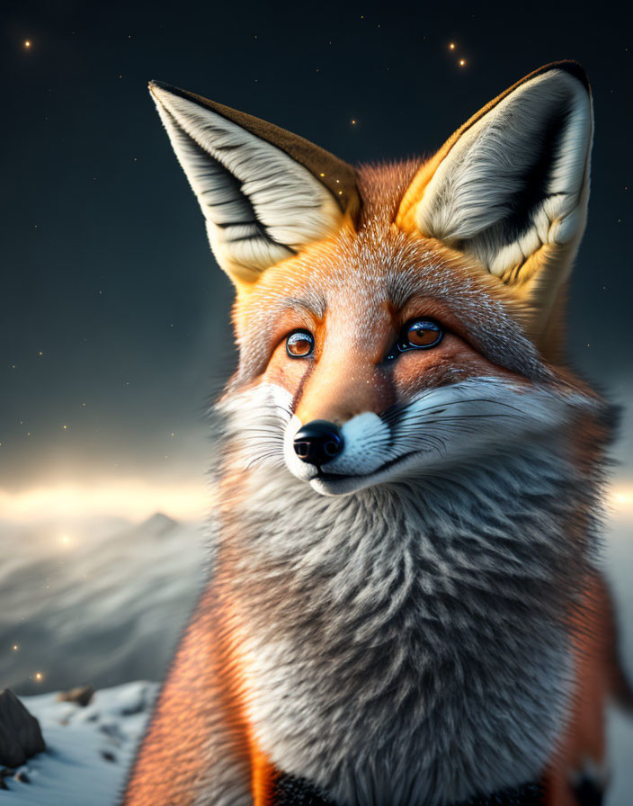 Majestic fox digital illustration with alert ears and amber eyes in twilight setting