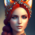 Digital artwork featuring woman with red hair, fox ears, pearl crown, blue eyes, makeup, and