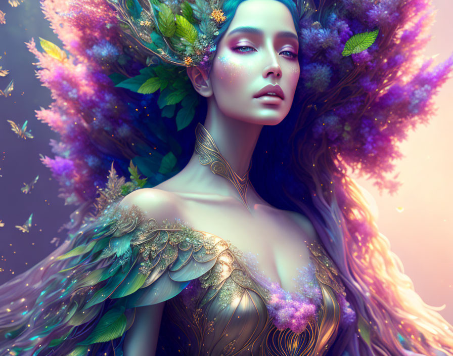 Vibrant fantasy portrait of a woman with nature-inspired elements