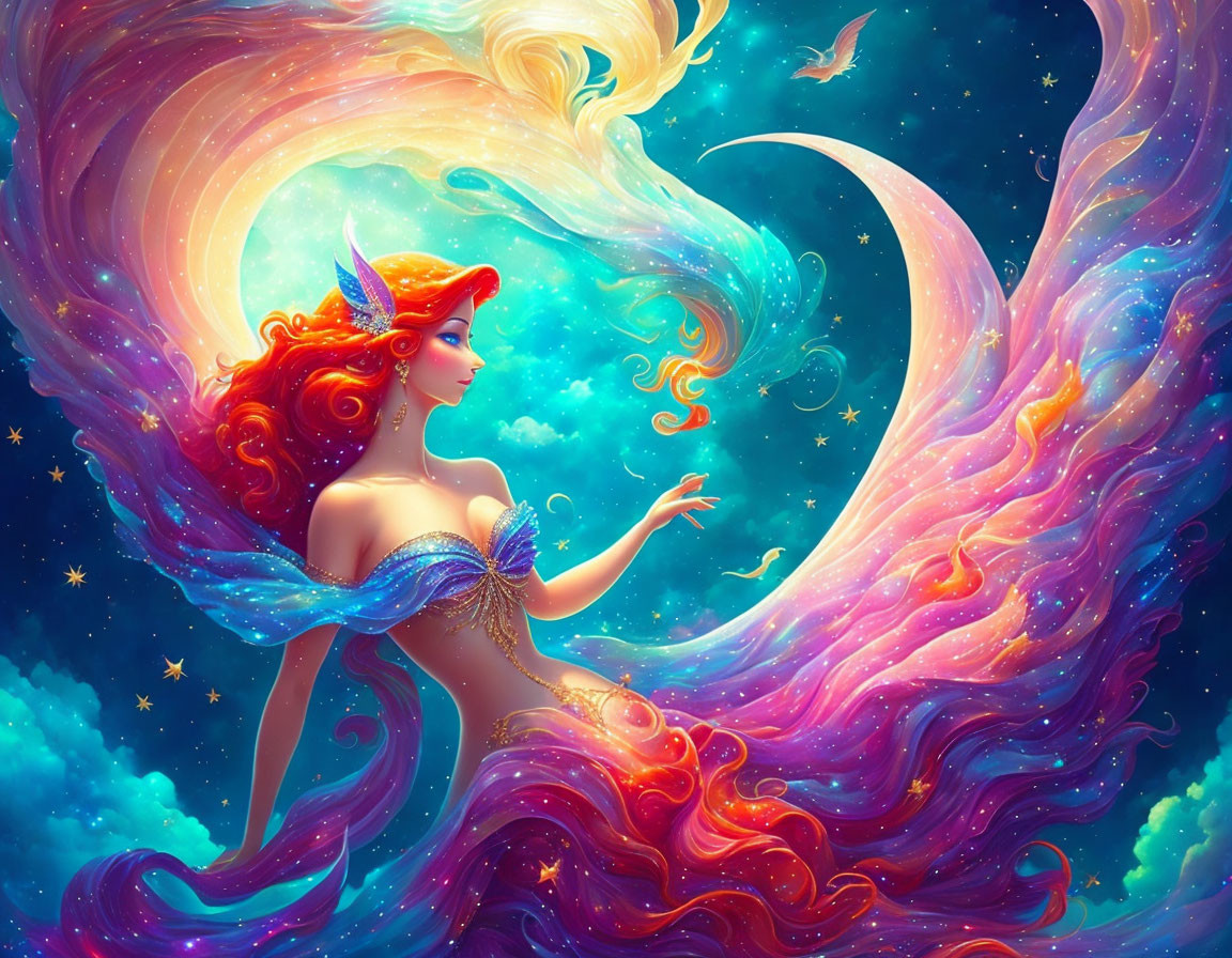 Vibrant mythical mermaid illustration in cosmic setting