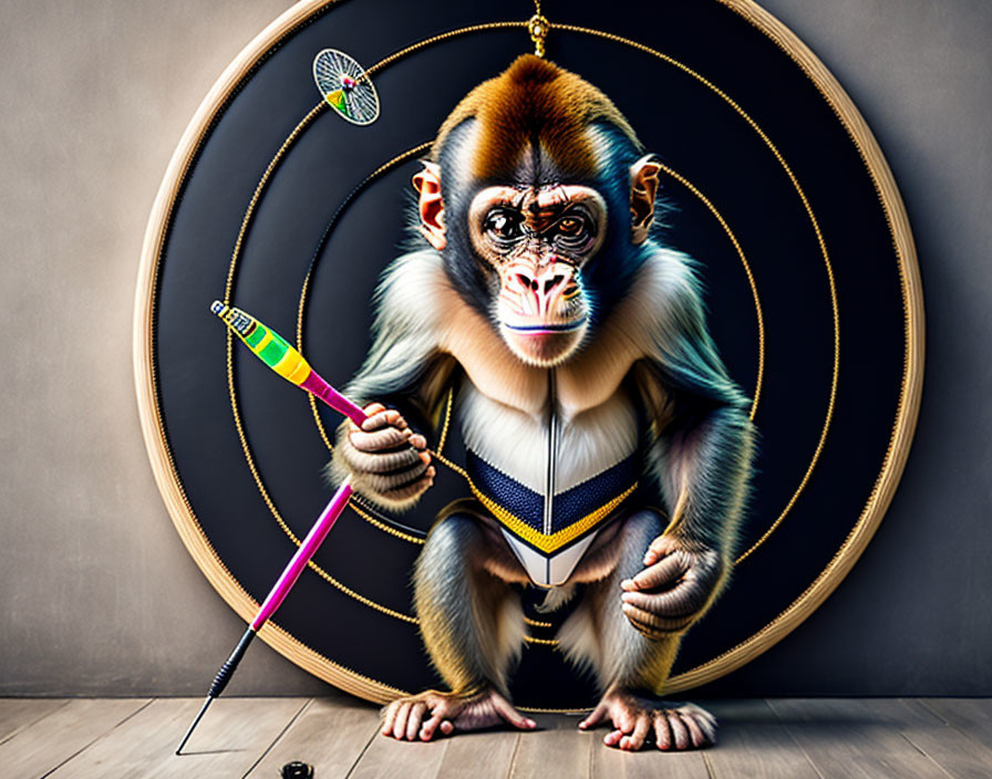 Whimsical monkey with dart and dartboard in stylized digital art