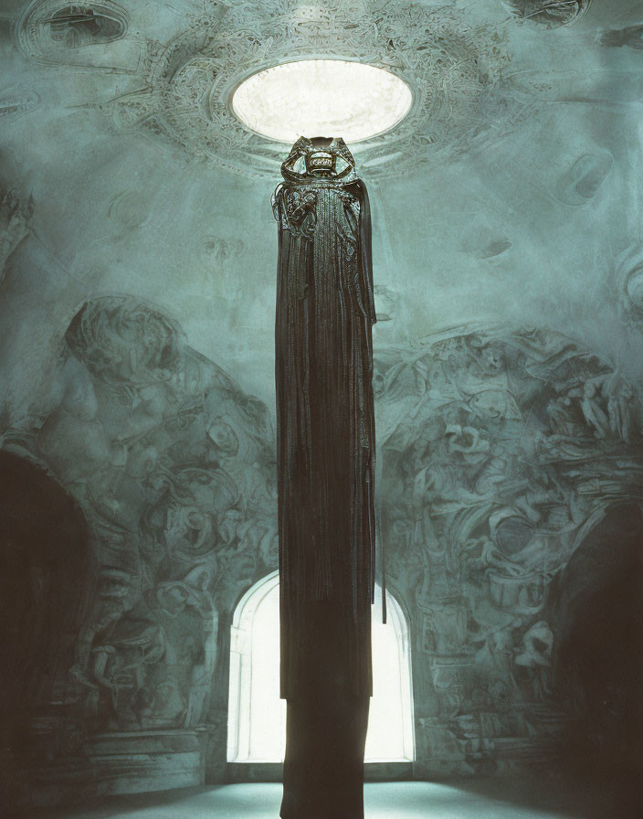 Dark-robed figure in misty, ornate room with skylight