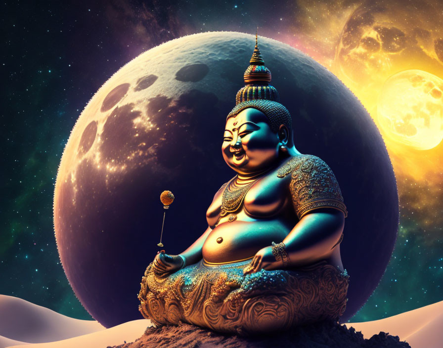 Laughing Buddha Statue Artwork with Ornate Details on Cosmic Background
