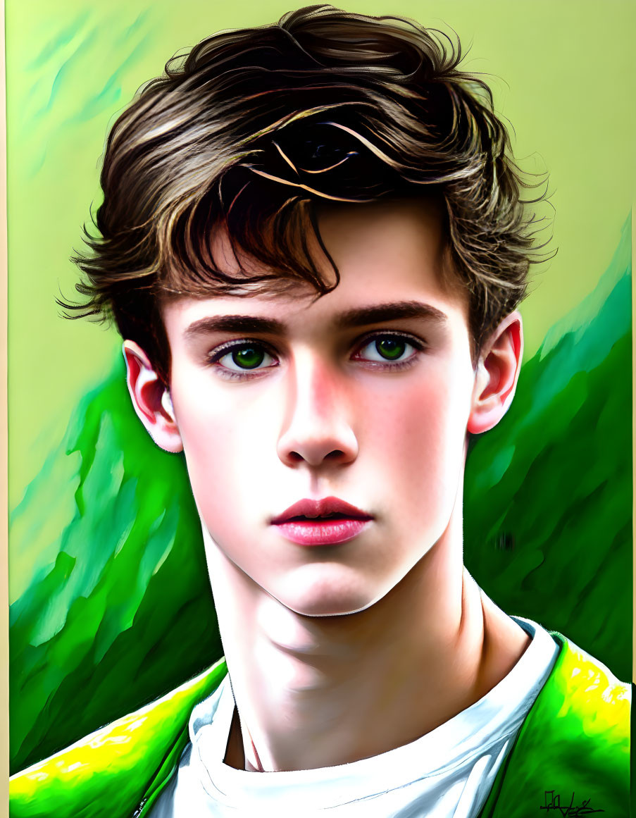 Dark-haired young person with intense eyes and subtle frown on green background