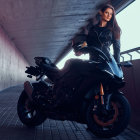 Futuristic woman in black outfit with glowing red motorcycle in industrial setting