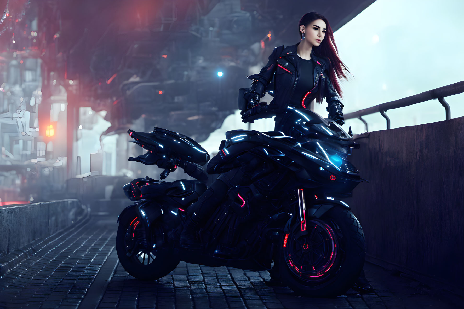 Futuristic woman in black outfit with glowing red motorcycle in industrial setting