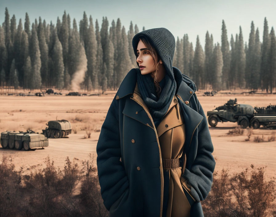 Person in layered winter outfit with military vehicles in barren landscape