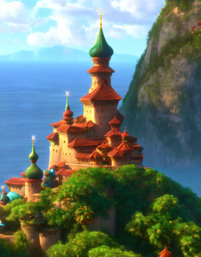 Fantastical castle with red-roofed towers on cliffside in golden light