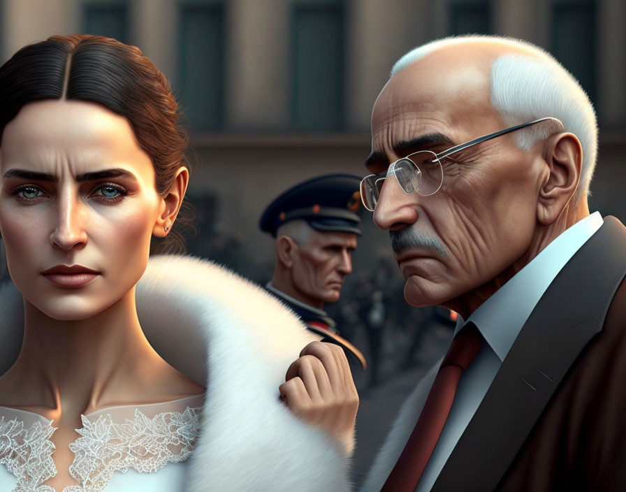 Digital artwork: Young woman in white dress, older man in suit with glasses, serious expressions, blurred
