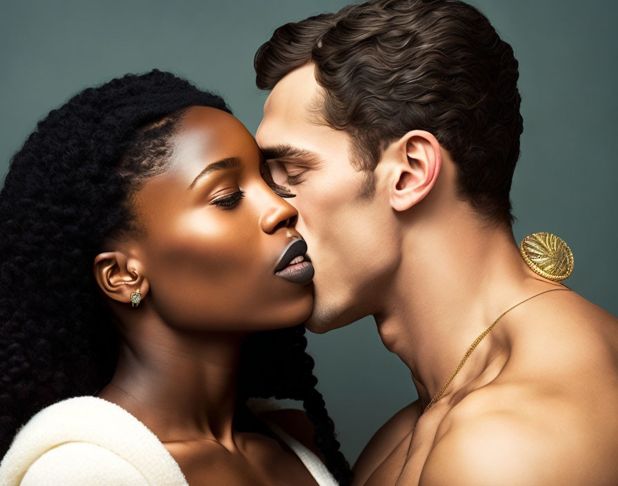 A russian white-skin man kissing a black-skin girl