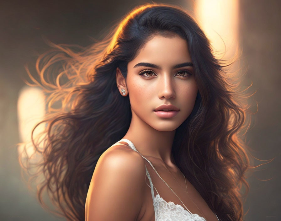 Ethereal digital artwork: woman with flowing hair and warm backlighting.