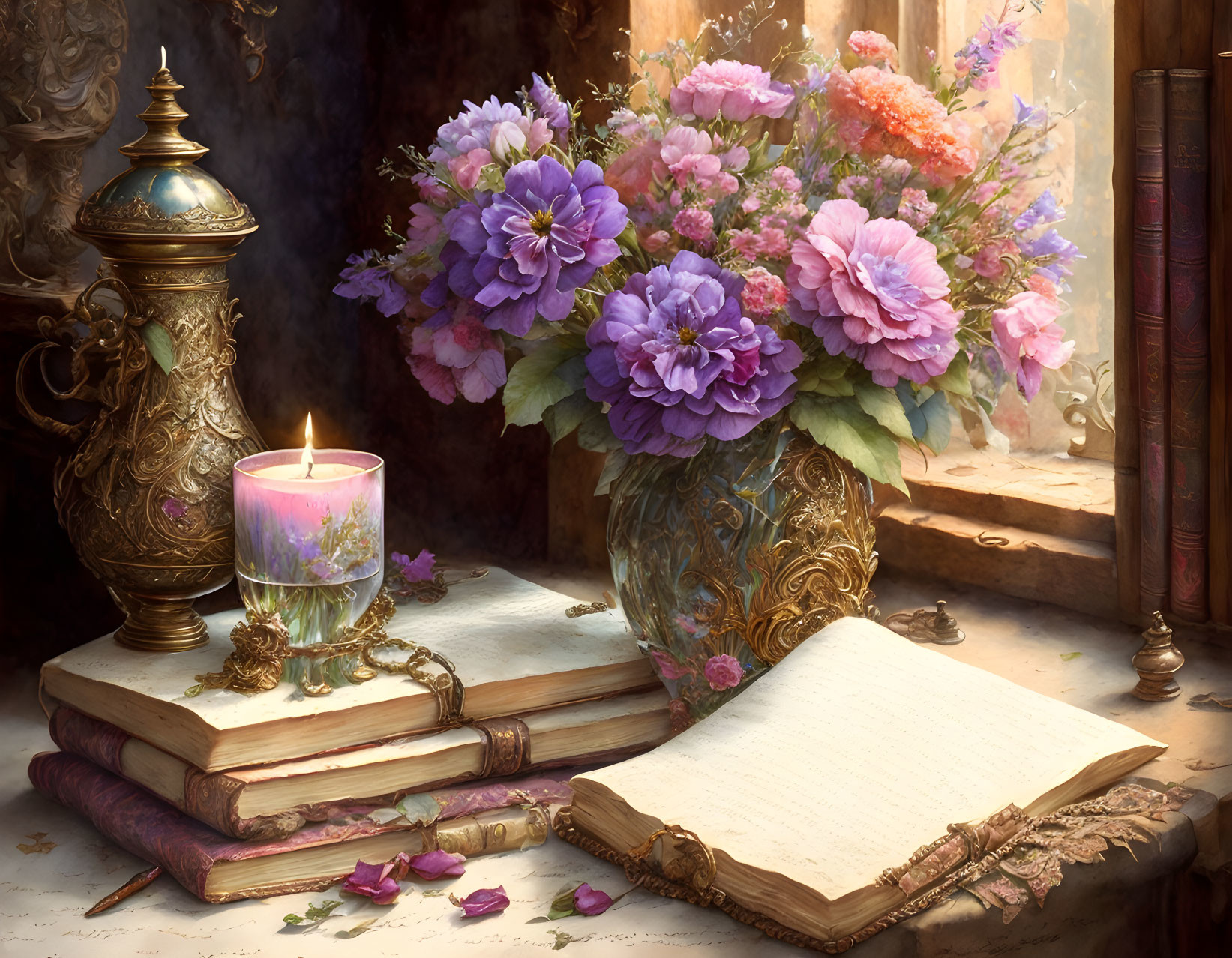 Classic Still Life with Open Book, Lit Candle, Vase, and Vintage Books