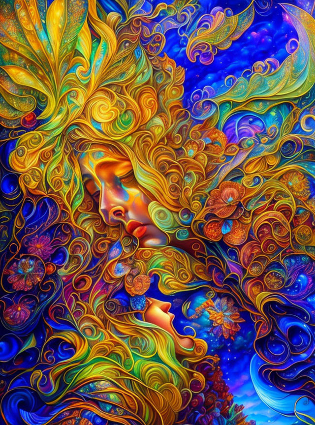 Colorful Psychedelic Artwork of Woman's Face with Swirling Patterns and Floral Motifs
