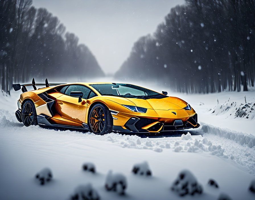 Yellow Sports Car Parked on Snow-Covered Road with Falling Snowflakes