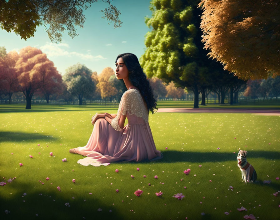 Woman in Pink Dress Sitting on Grass Field with Dog in Park